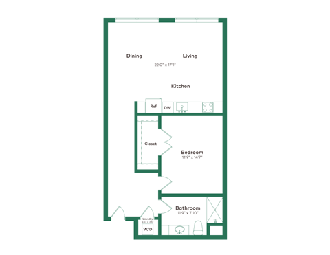 Floor plan for 1 bed, 1 bath, 900 sqft